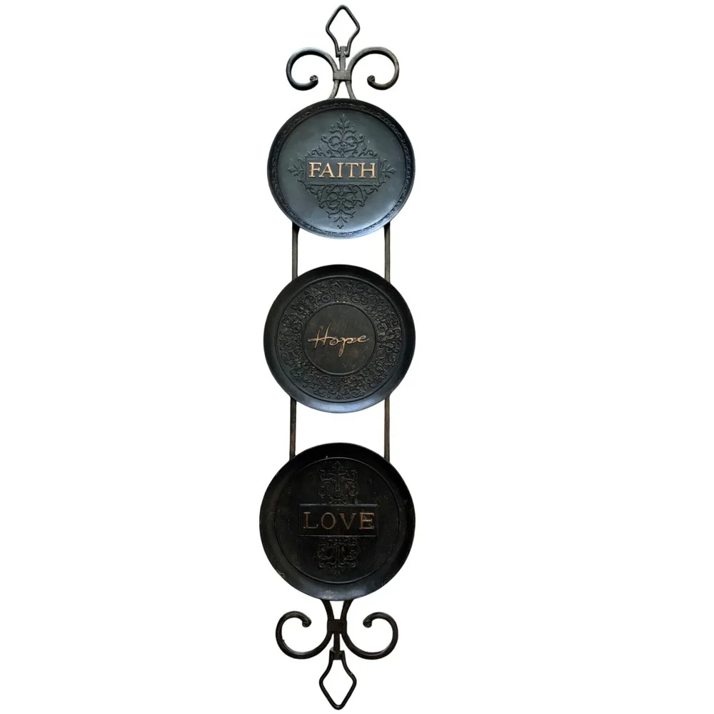 Faith Hope Love Black Metal Vertical Wall Plaque 35 Inch Scrollwork Decor